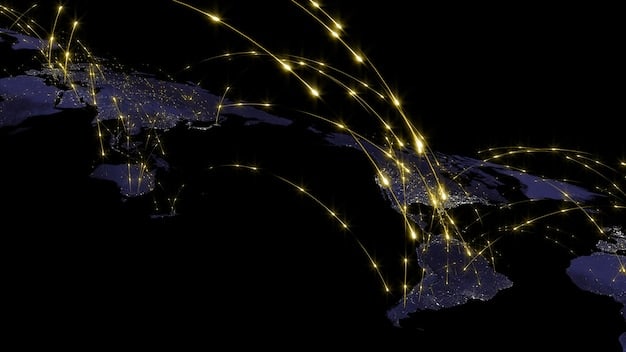A world map depicted with glowing nodes and connecting lines, symbolizing global collaboration and data flow, with specific emphasis on strategic alliances between countries in the context of quantum technology development and cybersecurity defense.