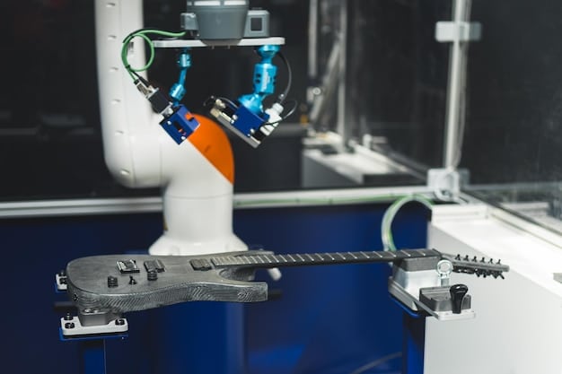 A highly intelligent robotic arm using advanced vision systems to perform a complex quality inspection on a manufactured part, with data overlays showing intricate detail analysis, symbolizing AI and ML in robotics.