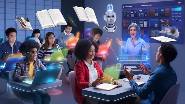 A diverse group of students collaborating in a virtual classroom, represented by their avatars, interacting with shared digital whiteboards and 3D models, symbolizing global learning and connection.