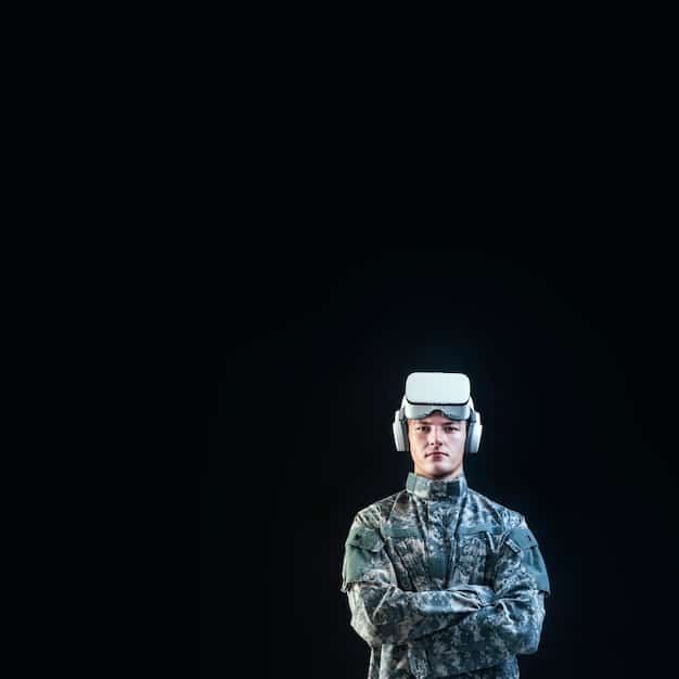 A futuristic soldier wearing a helmet with subtle integrated BCI components, looking intently at a holographic display, symbolizing enhanced military capabilities through thought control.