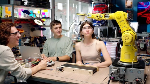 A group of engineers collaboratively examining a complex 3D-printed prototype in a modern US research and development lab, surrounded by various additive manufacturing equipment.