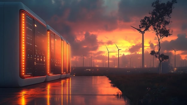 A sleek, modern data center glowing with blue light, representing AI's computational power, superimposed over a wind turbine farm illuminated by the setting sun.