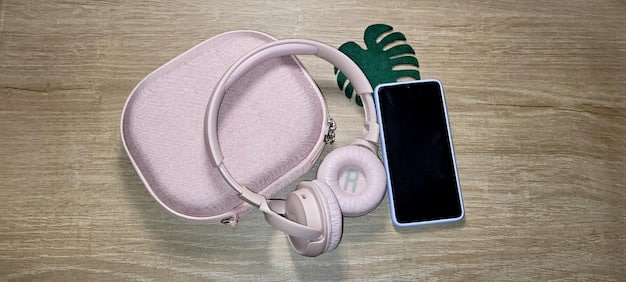 A detailed flat lay of noise-canceling headphones, showcasing their included accessories like a charging cable, audio cable, and a sleek carrying case.