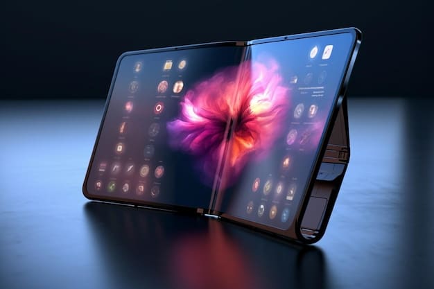 A close-up of a foldable phone's display, showing a complex application with multiple windows open, highlighting its multitasking capabilities. The screen is vibrant and detailed.