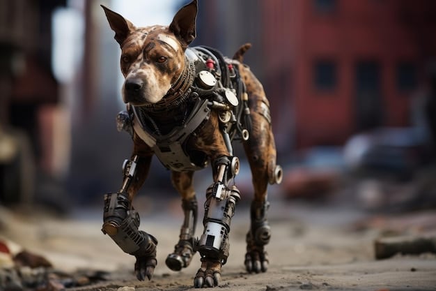A multi-limbed UGV, resembling a dog, carefully stepping over rubble inside a partially collapsed building during a search and rescue operation.