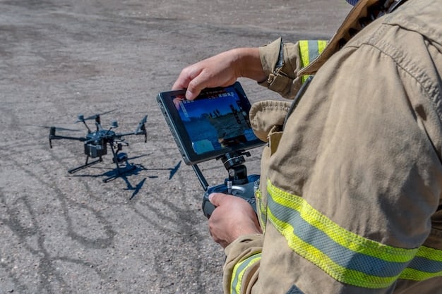 A group of rescue workers observing data feeds from several drones and ground robots on a large digital screen in a mobile command center.