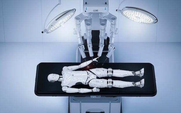 A highly sophisticated surgical robot operating on a dummy patient in a modern operating room, surrounded by medical equipment, emphasizing precision and technological advancement in healthcare.