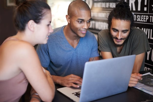 A diverse group of young tech professionals engaged in a workshop, actively learning new skills using tablets and interactive displays, with symbols of cybersecurity, data analytics, and AI algorithms floating around them.