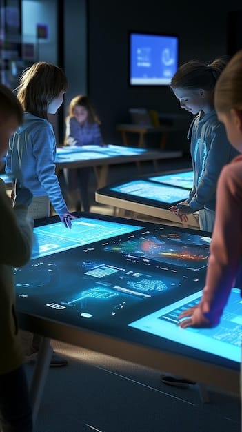 A futuristic classroom setting where students are interacting with holographic displays, learning about AI algorithms and robotics from an AI-powered tutor, symbolizing advanced tech education.
