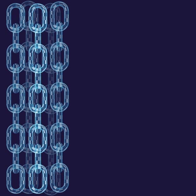 A stylized digital representation of a network of interconnected blocks forming a chain, with secure padlock icons and data streams flowing between them. It symbolizes blockchain's role in securing information.