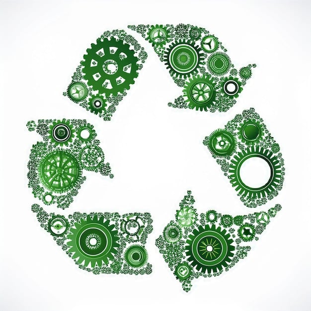 A detailed illustration of a circular economy for IT hardware, showing devices being refurbished, recycled, and components reused, emphasizing sustainability and cost recovery.