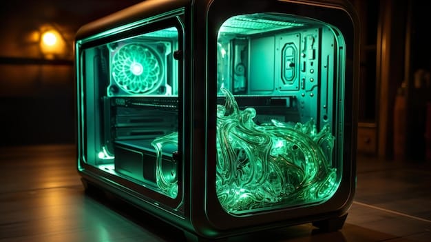 A gaming PC interior showcasing a custom water-cooling loop with a water block installed on the NVMe SSD for optimal heat dissipation. The system also has multiple case fans for airflow.