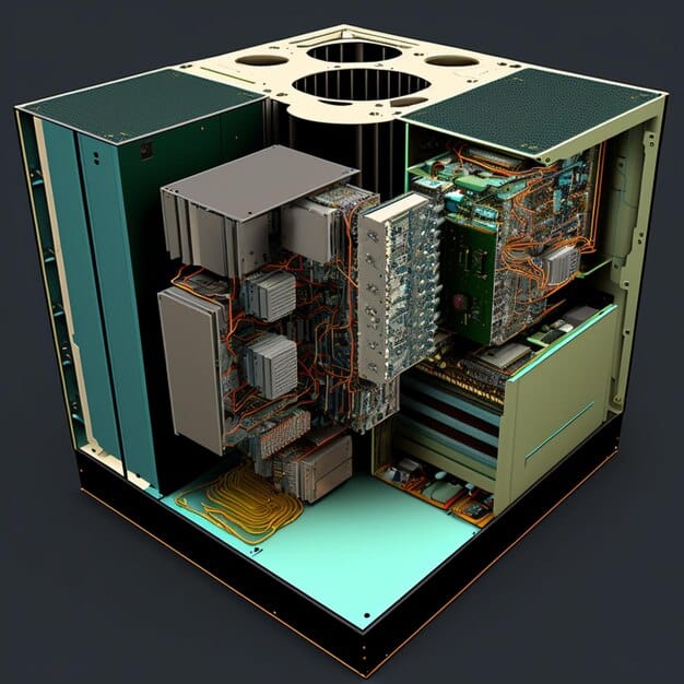 An exploded view diagram of a silent PC case, highlighting the sound-dampening materials on the side panels, front panel, and top panel, as well as the case's overall internal layout designed for airflow and component isolation.