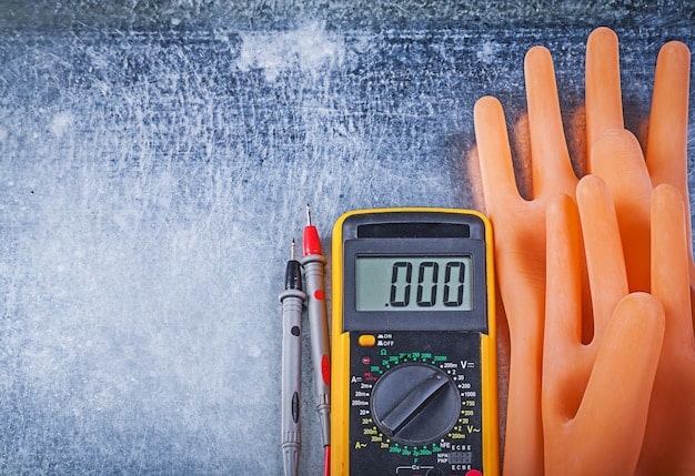 A multimeter connected to the pins of a power supply unit, measuring voltage output, with a hand holding the probes and digital display showing the voltage reading.