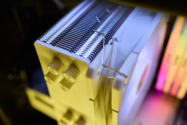 A close-up shot of the interior of a Mini-ITX case, highlighting the tight space and careful cable management required. High-performance components like a GPU and CPU cooler are visible.