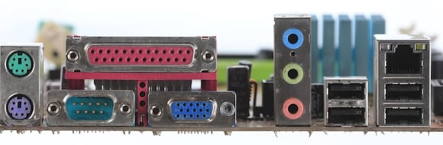A detailed shot of the rear I/O panel of a Mini-ITX motherboard, showcasing the various ports and connections available.