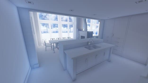 A realistic rendering of a modern kitchen, showcasing the accurate lighting, reflections, and material textures achieved with ray tracing for architectural visualization.