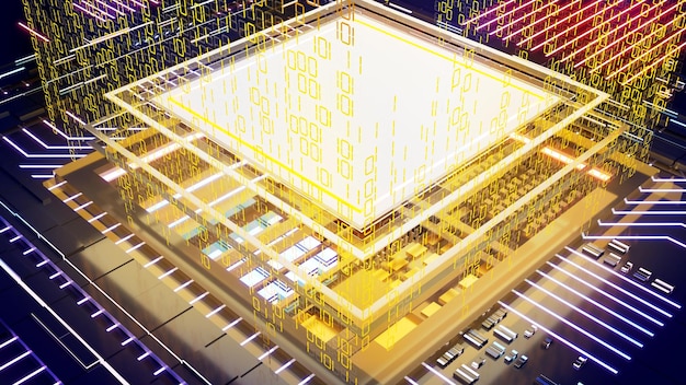 A futuristic rendering of an AMD GPU based on the RDNA 3 architecture, highlighting advancements in ray tracing technology. The image should emphasize the GPU's architecture and its ability to handle complex ray tracing effects efficiently.