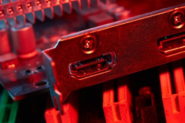 A close-up shot of a high-end graphics card (GPU) installed in a gaming PC, highlighting the cooling system, brand logo, and connection ports.