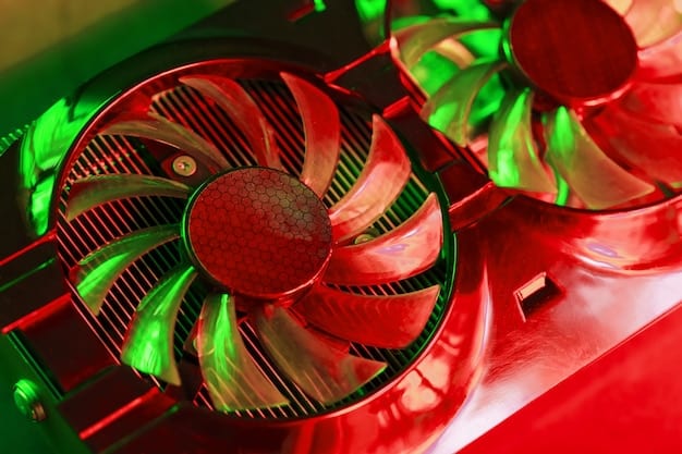 A close-up of a graphics card with emphasis on its elaborate fan cooling system, showcasing multiple heat pipes, large fins, and silent fans. The lighting should be focused on the heatsink and fans, with the surrounding PCB slightly blurred.