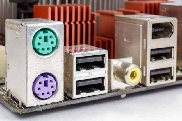 An image showcasing a motherboard's rear I/O panel, highlighting the various ports and connectivity options available, such as USB Type-C, USB 3.2, Ethernet, and audio jacks.
