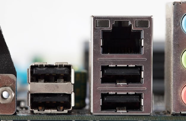 A close-up of the back of a PC, highlighting the multiple display outputs on the graphics card (HDMI, DisplayPort) and the power supply unit with various cable connections.