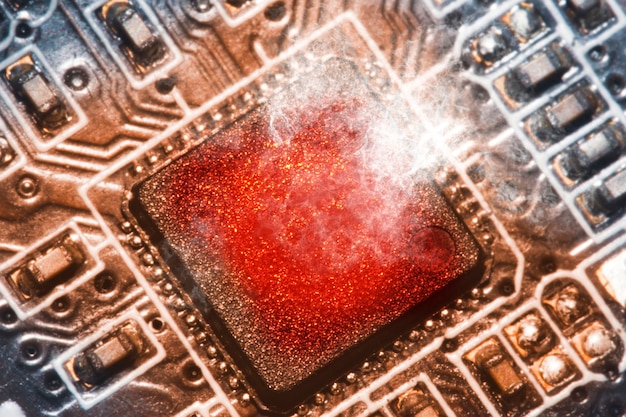 A close-up shot of a high-end CPU installed on a motherboard, highlighting the intricate details of the processor and its cooling system. The focus is on the CPU socket and the surrounding components, showcasing the build quality and technological sophistication of the hardware.