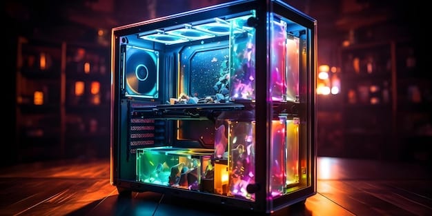 A gaming PC with a custom liquid cooling loop featuring RGB lighting in the water blocks, reservoir, and tubing. The coolant is a vibrant color matching the overall RGB theme.