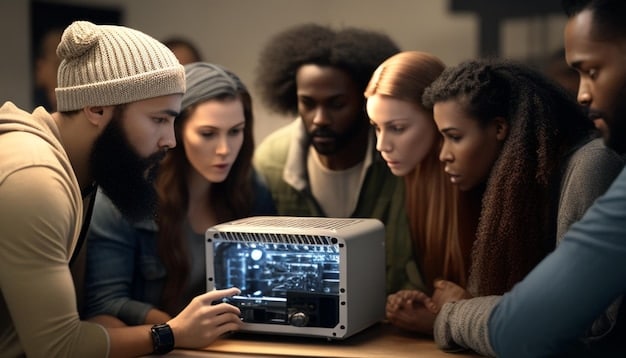 A diverse group of researchers from different backgrounds (academic, industry, government) collaborating around a futuristic robot prototype, symbolizing teamwork and innovation.