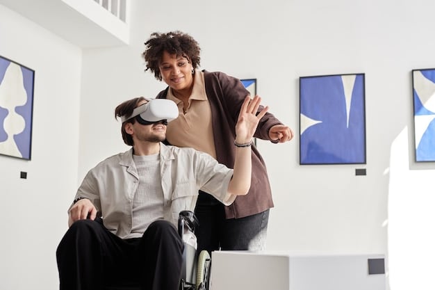 A patient interacting with a friendly, assistive robot in a home healthcare setting, emphasizing accessibility and companionship.