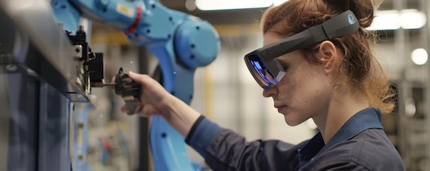 A close-up of a collaborative robot arm safely working beside a human technician in a well-lit, modern assembly line, emphasizing human-robot interaction and industrial efficiency.