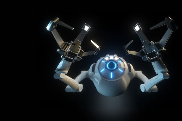 A drone-like robot with multiple propellers and a sleek design, hovering in a dimly lit, high-tech research lab, representing advanced robotics research and future aerial applications.