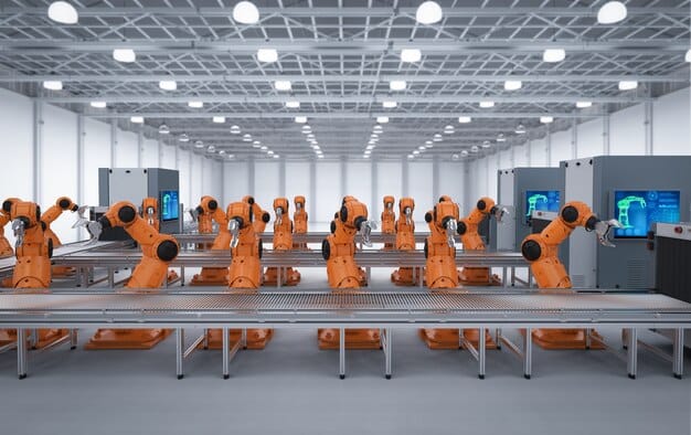 A brightly lit, modern factory floor showing collaborative robots (cobots) working alongside human technicians. The cobots are performing delicate tasks, while the humans monitor systems and perform quality checks.