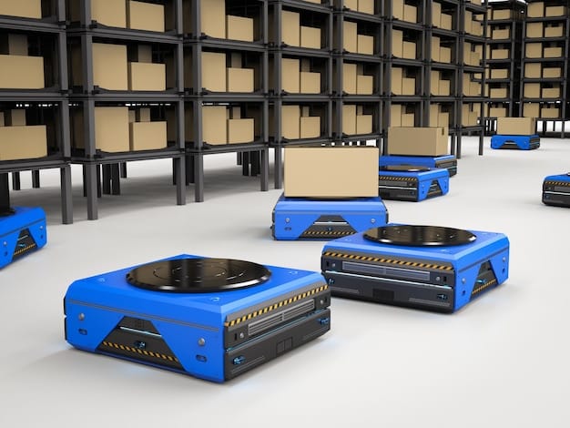 An autonomous warehouse robot using advanced lidar and camera sensors to navigate through aisles filled with shelves, its AI brain processing real-time environmental data in a brightly lit industrial setting.