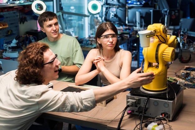 A close-up shot of a student team gathered around their robot, meticulously fine-tuning its mechanisms with tools, their faces concentrated and illuminated by the glow of a nearby monitor displaying code, emphasizing teamwork and detailed engineering.