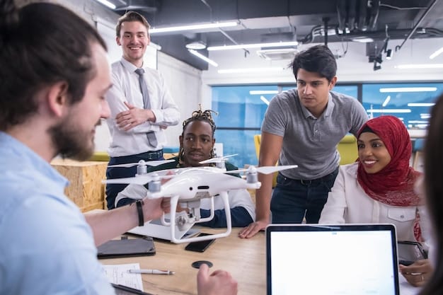A diverse group of young engineers and designers in a modern R&D lab, collaborating intensely around a prototype robotic arm, using tablets and monitors to review schematics and code, showcasing collaboration and innovation in a professional setting.