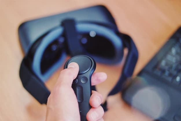 A close-up of a VR headset controller illustrating haptic feedback, with subtle vibrations or glows indicating interaction, set against a blurred background of a virtual gaming environment.