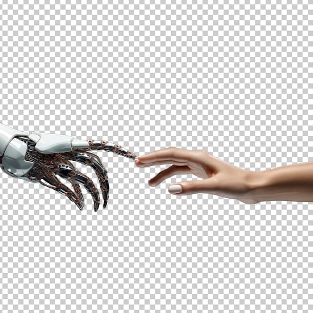 A close-up of a human hand gesturing towards a robot arm performing a delicate task on an assembly line, illustrating human-robot collaboration and the precision of automated manufacturing. Focus on intricate details.