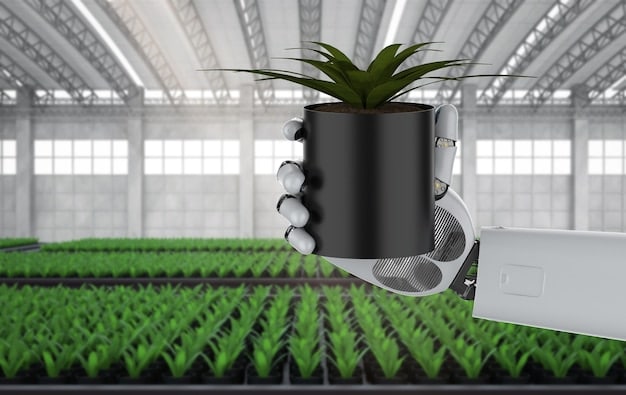 A precise robotic planter arm gently inserting seeds into a perfectly tilled row in a large field, with detailed sensors visible on the mechanism.