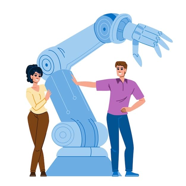 A collaborative robot (cobot) working alongside a human technician on an assembly line, illustrating human-robot collaboration in a modern factory.