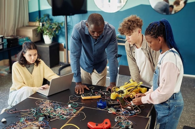 A diverse group of workers participating in a robotics training workshop, showing collaboration and learning in a modern, tech-focused environment.