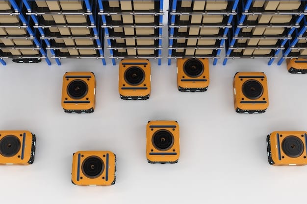 A drone's eye view of a highly efficient, automated warehouse floor, where neatly stacked goods are moved by a fleet of AGVs and AMR's, with strategic safety markings on the floor, suggesting a harmonious blend of technology and safety.