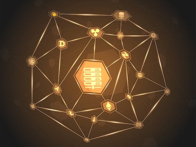 A diagram illustrating the complexities of regulation and integration in blockchain, with intertwining lines representing legal frameworks, technology stacks, and cybersecurity shields.