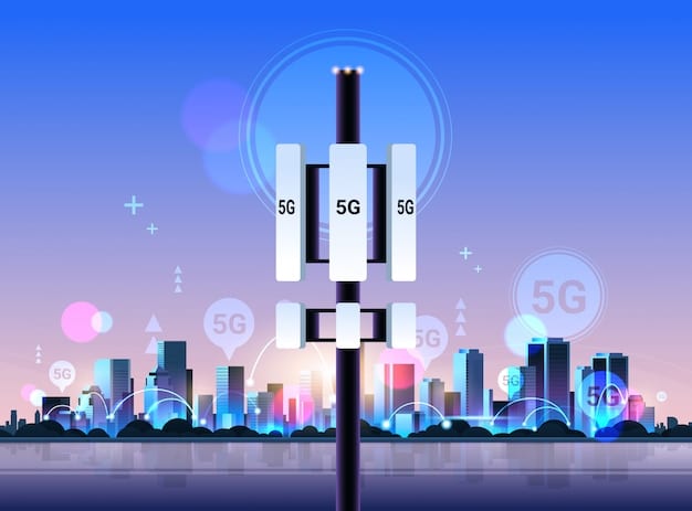 A schematic showing an interconnected smart city grid with 5G towers radiating signals to autonomous vehicles, smart traffic lights, and public safety drones.