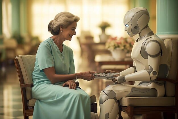 A sleek humanoid robot gently assisting an elderly patient in a modern hospital room, demonstrating compassionate care and advanced assistive technology.