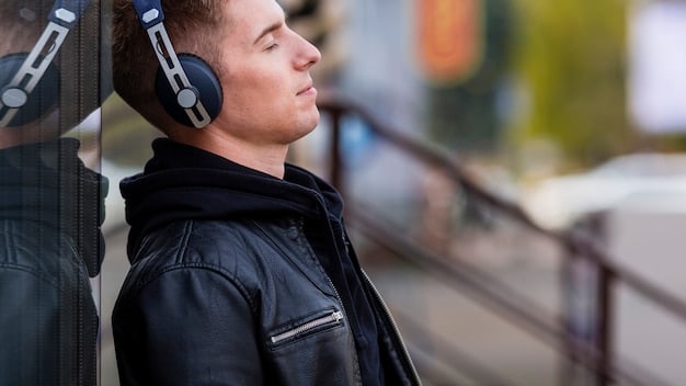 A person confidently walking through a bustling city street, wearing the new noise-canceling headphones, looking calm and focused, implying effective sound isolation in a busy environment.