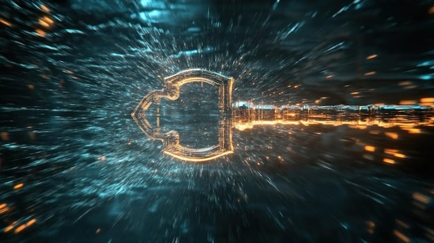 A visual metaphor showing a digital lock being effortlessly shattered by quantum bits, representing the vulnerability of current encryption methods to quantum attacks. The shattered fragments resemble data packets.