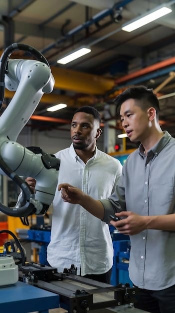 A diverse group of factory workers participating in a robotics training workshop, emphasizing upskilling and collaboration between humans and machines in a modern industrial setting.