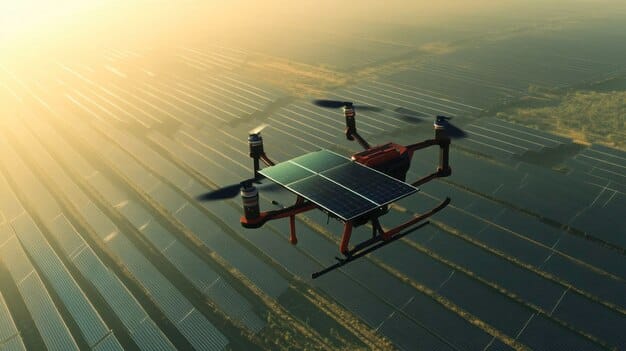 A drone performing an inspection of a solar panel farm, highlighting precision agriculture and infrastructure monitoring applications of robotics, with an emphasis on data security and operational guidelines.