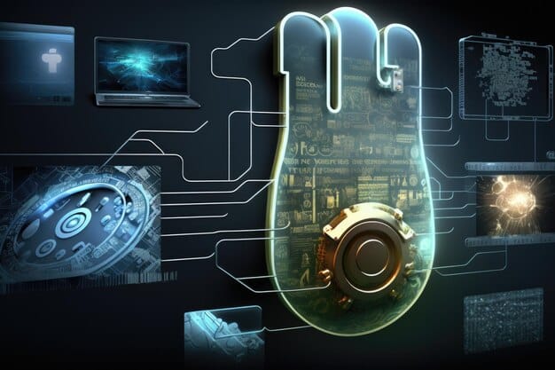 A digital schematic of a robotic arm with overlaid data privacy icons and cybersecurity shields, representing the intersection of robotics, data, and security.